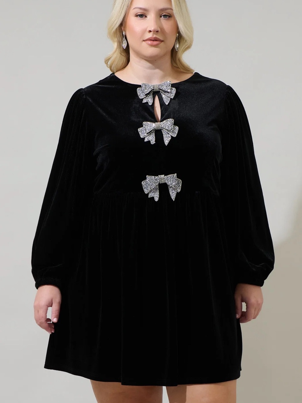 SugarLips Black Velvet Mini Dress with Silver Bow Accents - Picture 3 of 3